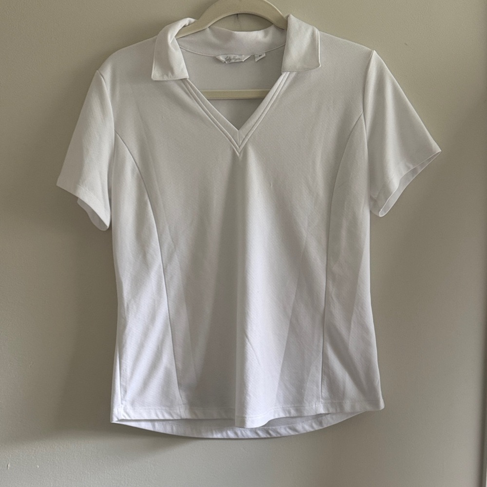 Women's White Polo V‑Neck Short Sleeve Top